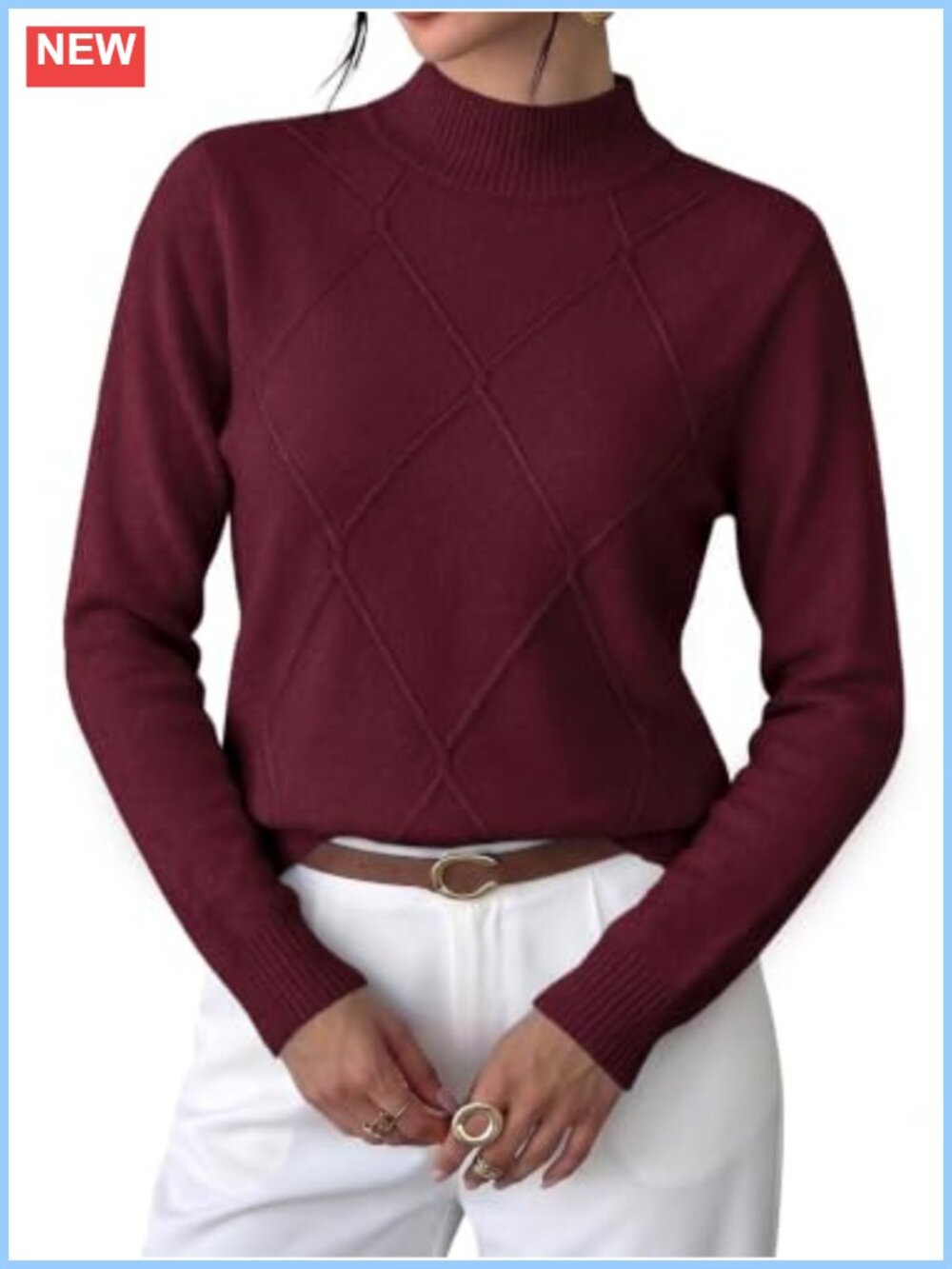 WIHOLL Cable Knit Sweater Mock Neck Long Sleeve Crochet Front Women's